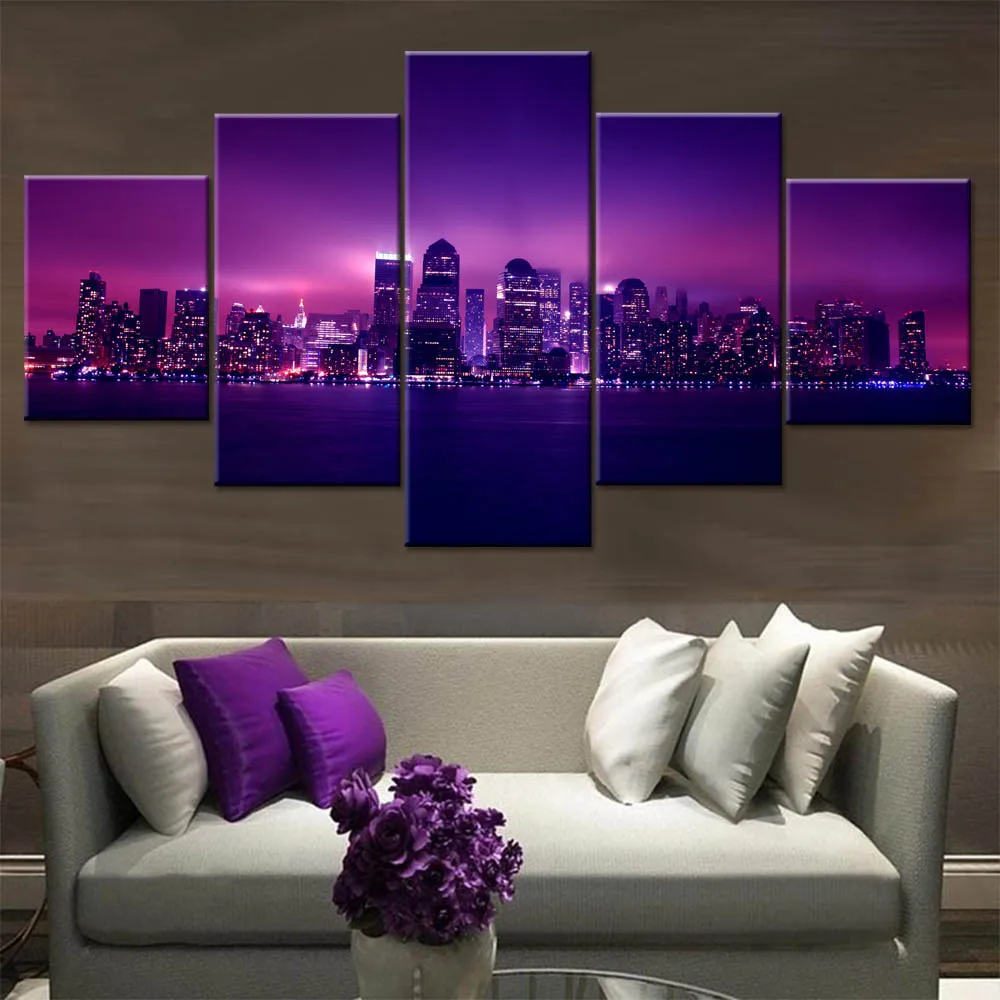 

Modern Home Wall Decor Painting Purple Light City Night View Canvas Art HD Modular Picture Print Posters For Living Room Framed