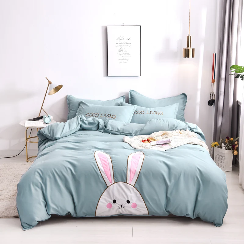Комплект постельного белья из хлопка с аппликацией милого мультяшного кролика и