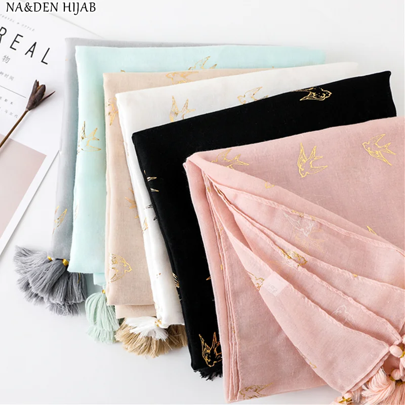 

NEW swallow pattern hot stamping hijab scarf handmade tassel soft muslim print scarfs women scarves shawls fashion muffler 10pcs