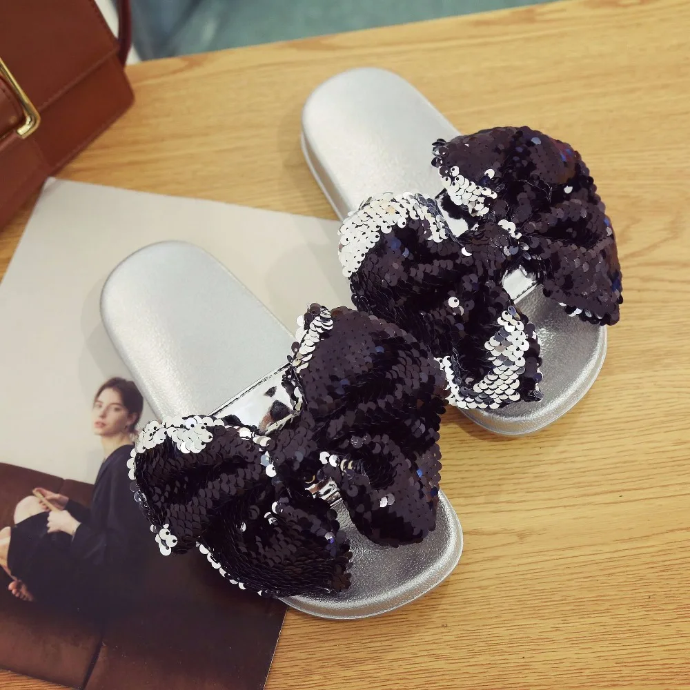 Шлепанцы женские золотистые/серебристые с большим бантом Нескользящие | Обувь