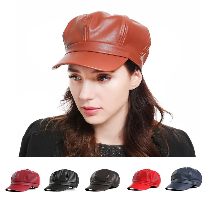 Шапка женская одноцветная из искусственной кожи восьмиугольная gorra mujer Кепка Женская британская ретро Повседневная Кепка модная художница Кепка для улицы