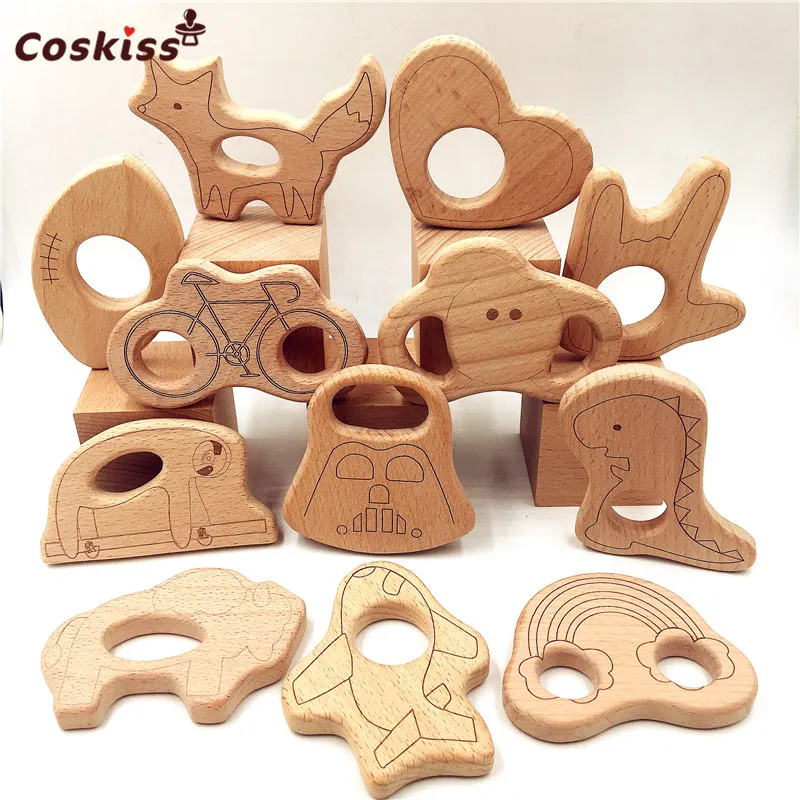 Mordedor de madera de dibujos animados para beb&eacute;, 10 piezas, dentici&oacute;n de beb&eacute; con forma de Animal Natural puro, mordedor de madera para lactancia, juguetes colgantes DIY para ni&ntilde;a-0