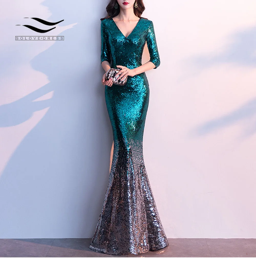 Solovedress вечернее платье с рукавами-халфами блестками v-образным вырезом цвет