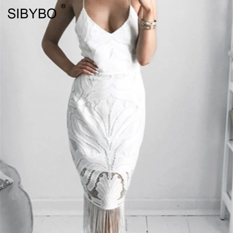 Sibybo, сексуальное Бандажное кружевное платье с открытой спиной, женское платье без рукавов с v-образным вырезом и кисточками на тонких бретелях, Vestidos, Элегантное Длинное Платье для вечеринок