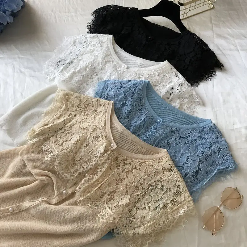 ALPHALMODA Летний Женский вязаный кардиган с кружевным воротником, однобортный кружевной кардиган в стиле пэчворк, милая Повседневная летняя одежда