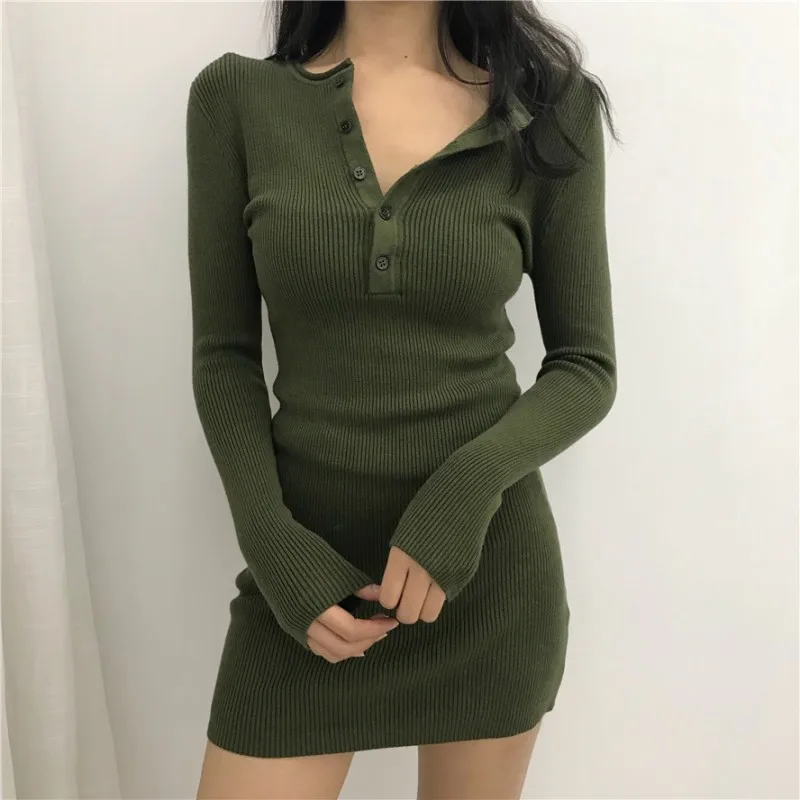 

2019 knitted sweater bodycon winter dresses women autumn v neck long sleeve sexy Above midi dresses elastic slim party dress