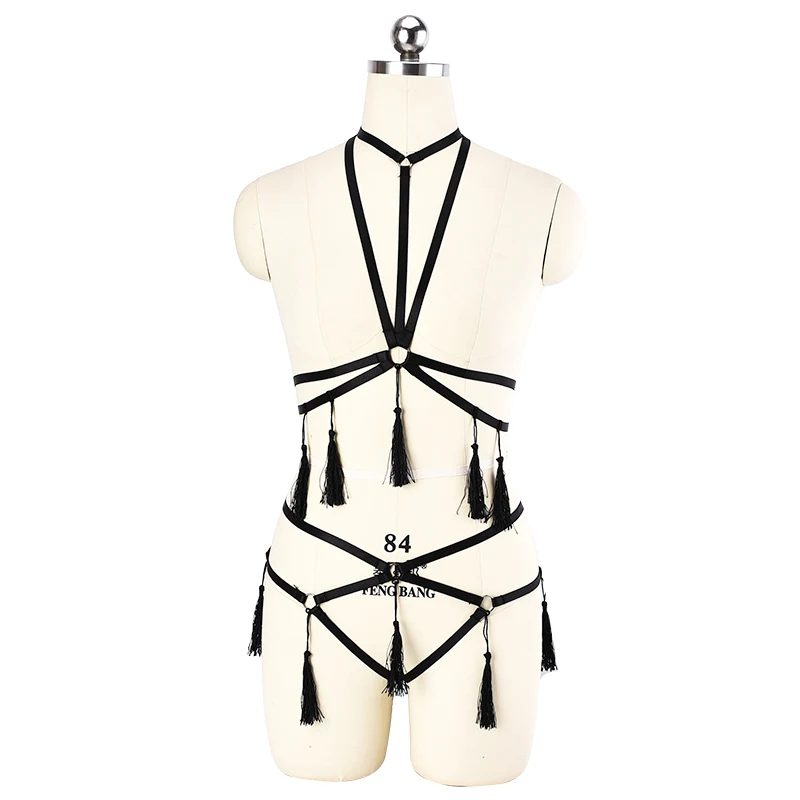 Женское сексуальное черное боди с кисточками в стиле Харадзюку Бандажное