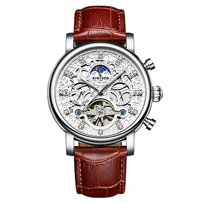 Silver White Brown KINYUED Брендовые мужские часы автоматические механические летающие турбийон часы мужские модные скелетоны Луна солнце календарь наручные часы - Цвет: Silver White Brown