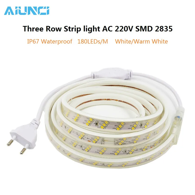 

3-рядная Светодиодная лента 220 В переменного тока, Светодиодная лента 2835 180Led s/M IP67, водонепроницаемая с адаптером питания европейского станд...