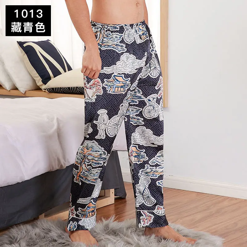 1013 Dark blue Пижамы для мужчин, шелковые, атласные, с принтом, для сна, летние, модные, простые, свободные, повседневные, пижама, Hombre, брюки, MA50163 - Цвет: 1013 Dark blue