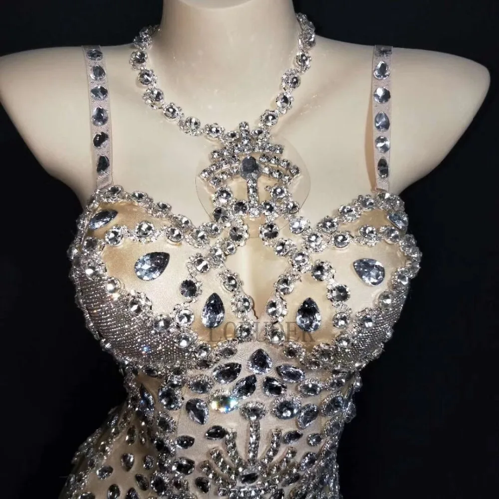 Flashing Big Rhinestones Skin Color Halter Bodysuit Silver Crystals Catsuit Nightclub Women DJ Singer Party Outfit Dance Costume