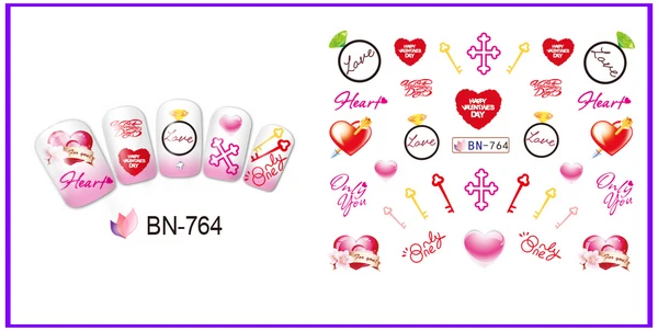 UPRETTEGO 12 упак./лот переводка NAIL ART Наклейки для ногтей на День святого Валентина свадьбы Kiss Bear сладкое сердце чашка любовь BN757-768