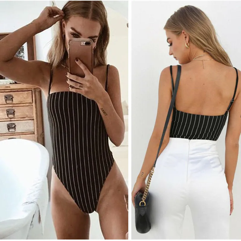 Женское боди без рукавов полосатый базовый короткий комбинезон с открытой