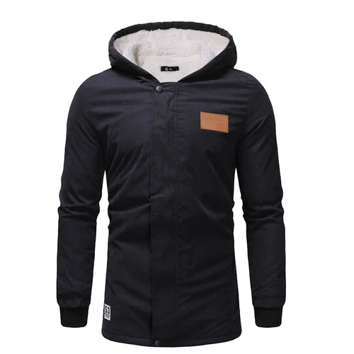 Hooded Parka Men's Long Wool and Cap Cotton-padded Clothing Autumn Winter New Arrival Men Clothes - Цвет: Черный