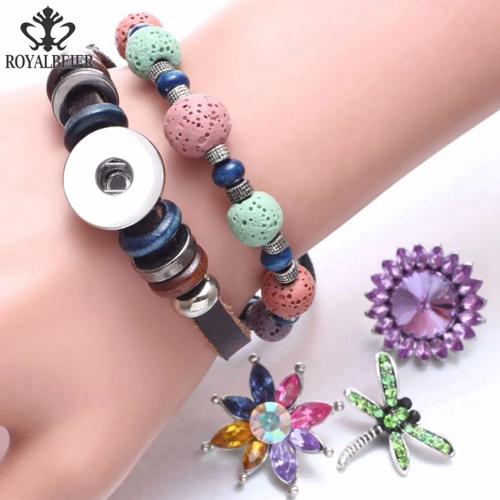 

RoyalBeier 10pcs Genuine Leather Beaded Snap Bracelet 20mm Fit 18mm Snap Button Charms 20mm Snap Bracelet Snap Jewelry SZ0497