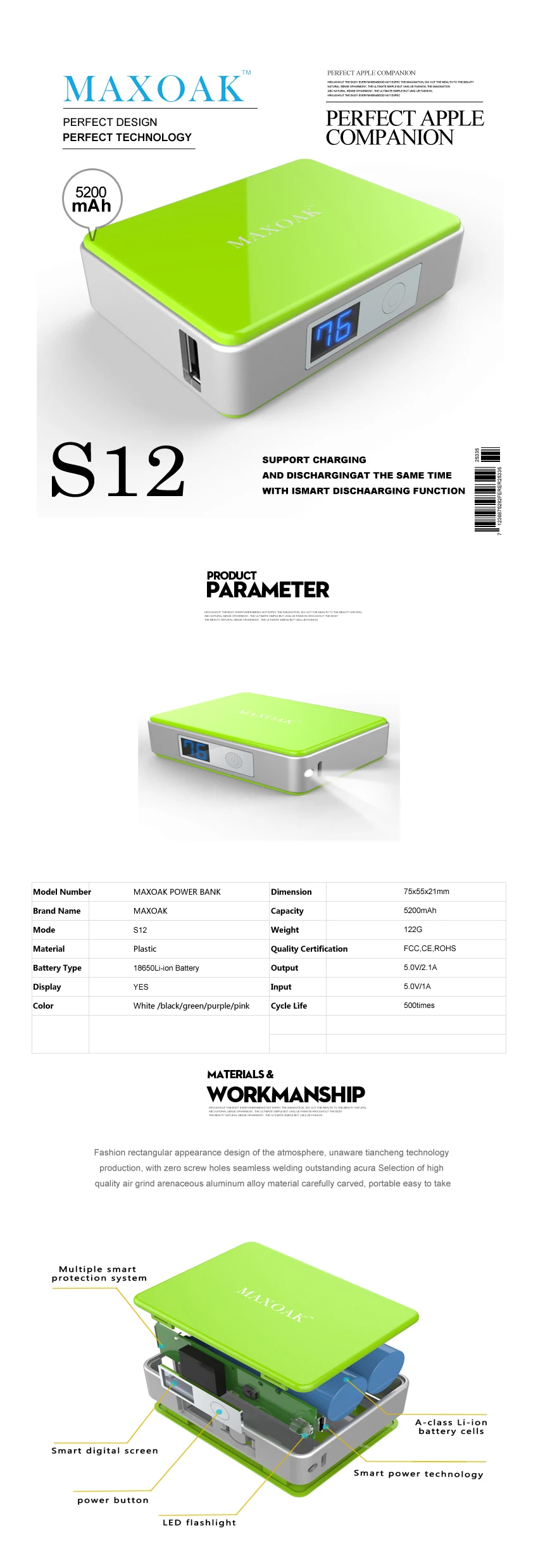 MAXOAK портативный внешний аккумулятор одиночный USB DC 5V-2.1A 5200mAh несколько цветов телефон внешний аккумулятор для мобильного телефона