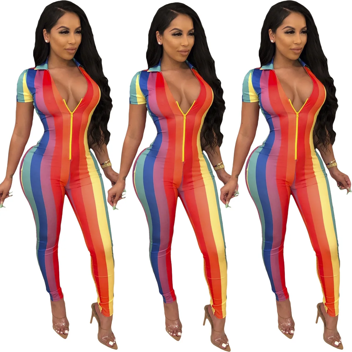 Rainbow Striped Rompers Womens Jumpsuit Summer Front Zipper Short Sleeve Bodycon Overall Streetwear Deep V Neck Skinny Bodysuits