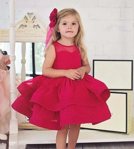 Puffy fuchsia flower girl dress for evening prom party ball gown knee-length baby layered tulle birthday with headpiece | Детская одежда
