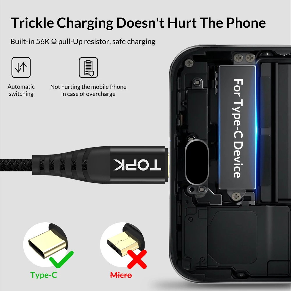 TOPK 1 м (3 фута) usb type C кабель для samsung S9 S8 передачи данных Xiaomi Mi6 мобильный телефон USB