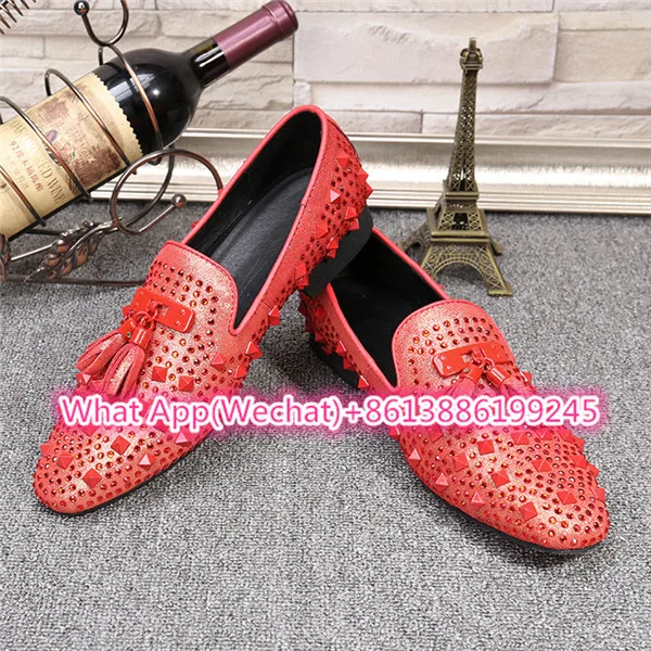 Мужская кожаная обувь на плоской подошве с заклепками Цвет Красный лоферы