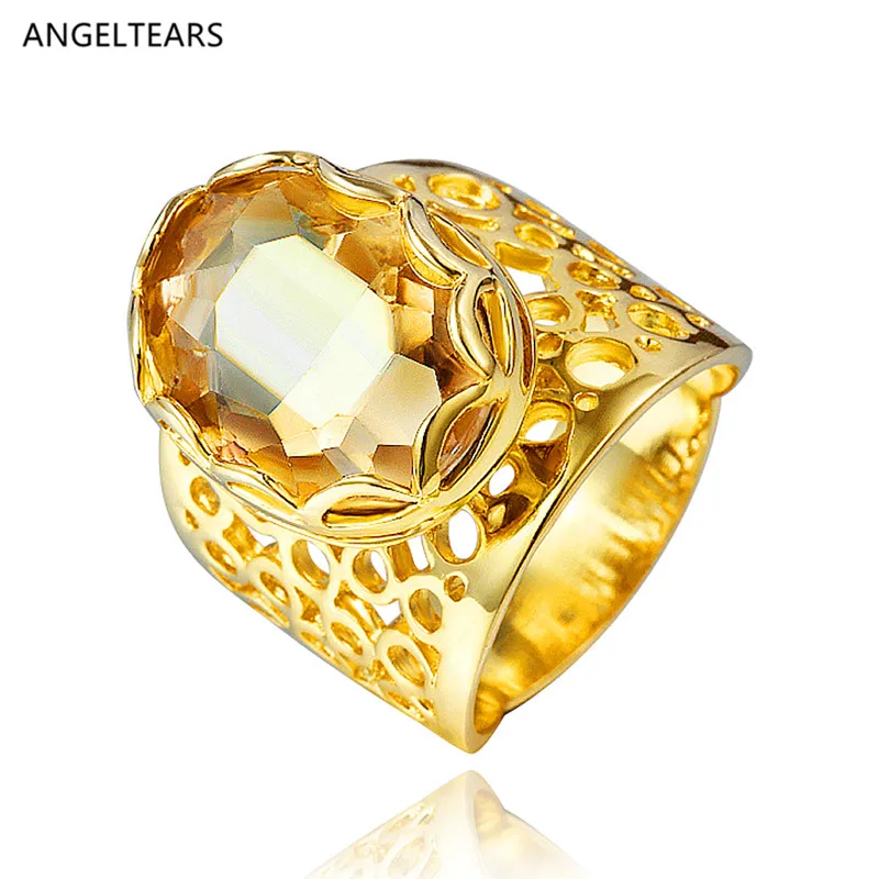 Hot sale gold color Hollow glass crystal finger ring queen fashion jewelry size 6-9 # woman girl christmas gift drop shipping | Украшения и