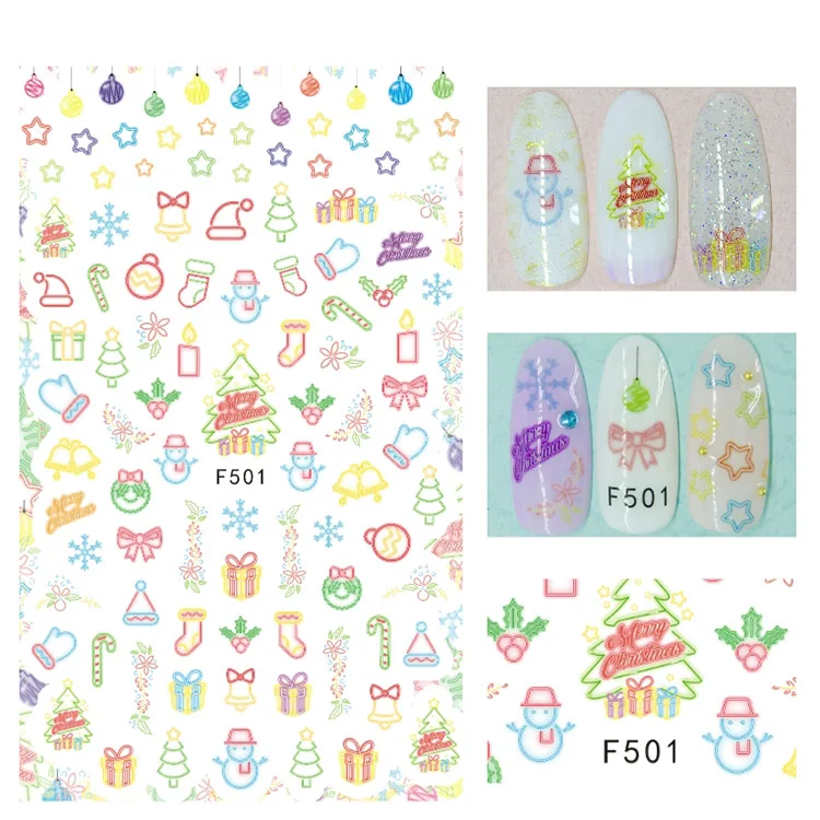 F501 Рождественские стикеры 3D на ногти Nail Art Обертывания супер тонкие наклейки Рождественский праздник Санта Клаус подарок TreeNails клей Маникюр наклейки - Цвет: F501