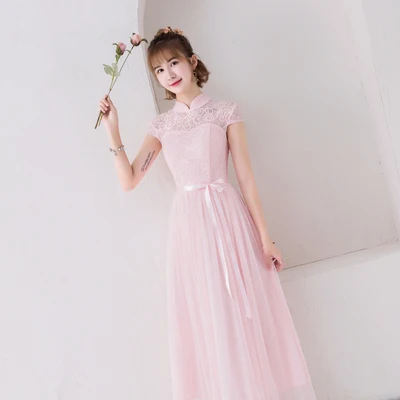 A light pink Сладкий памяти Свет Шампанское Китай Высокий воротник подружки невесты платья сестра группы свадебное платье SW0014 - Цвет: A light pink