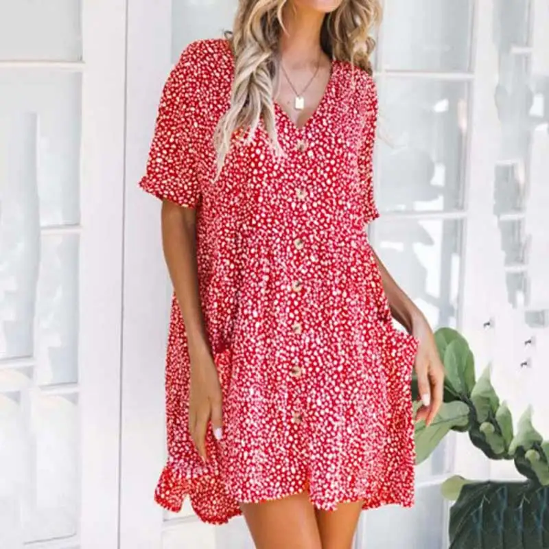 Женское свободное короткое платье в горошек леопардовое с v образным вырезом