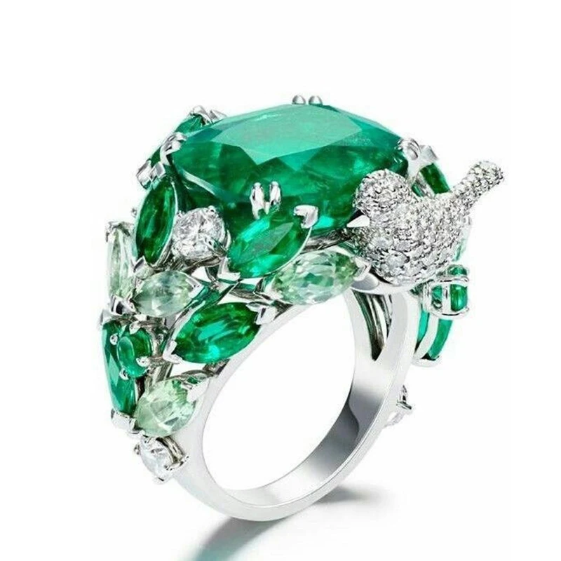 

Big Green Stone Ring Leaves Design Bird Rings Bague for Women Gift Luxury Engagement Jewelry Femme Anel Anillos L3N166