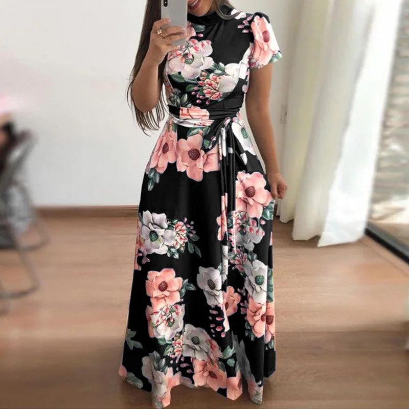 Сексуальное женское Макси длинное платье Boho вечернее пляжное платье Vestidos с высоким воротом летнее платье с цветочным принтом купальное платье