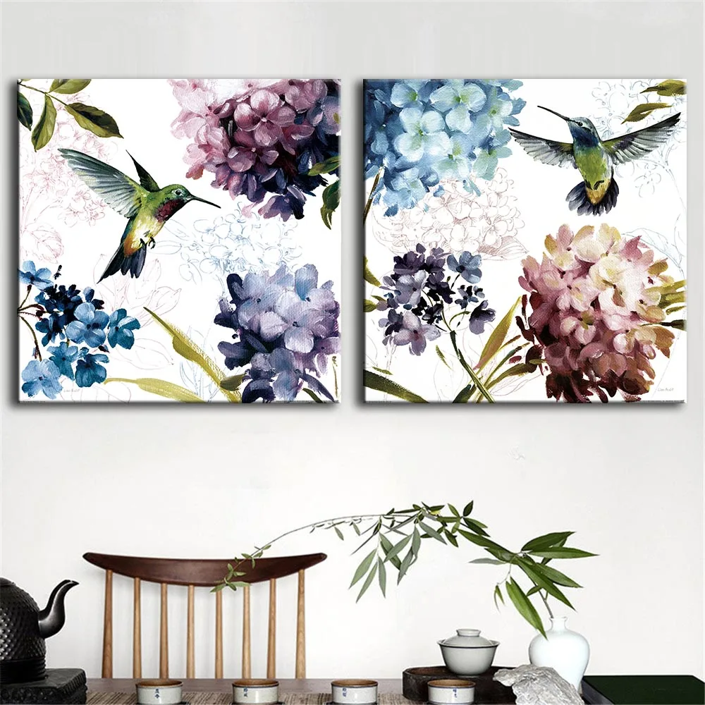 2 шт./компл. картина с цветами холст печать абстрактная Гортензия и птица