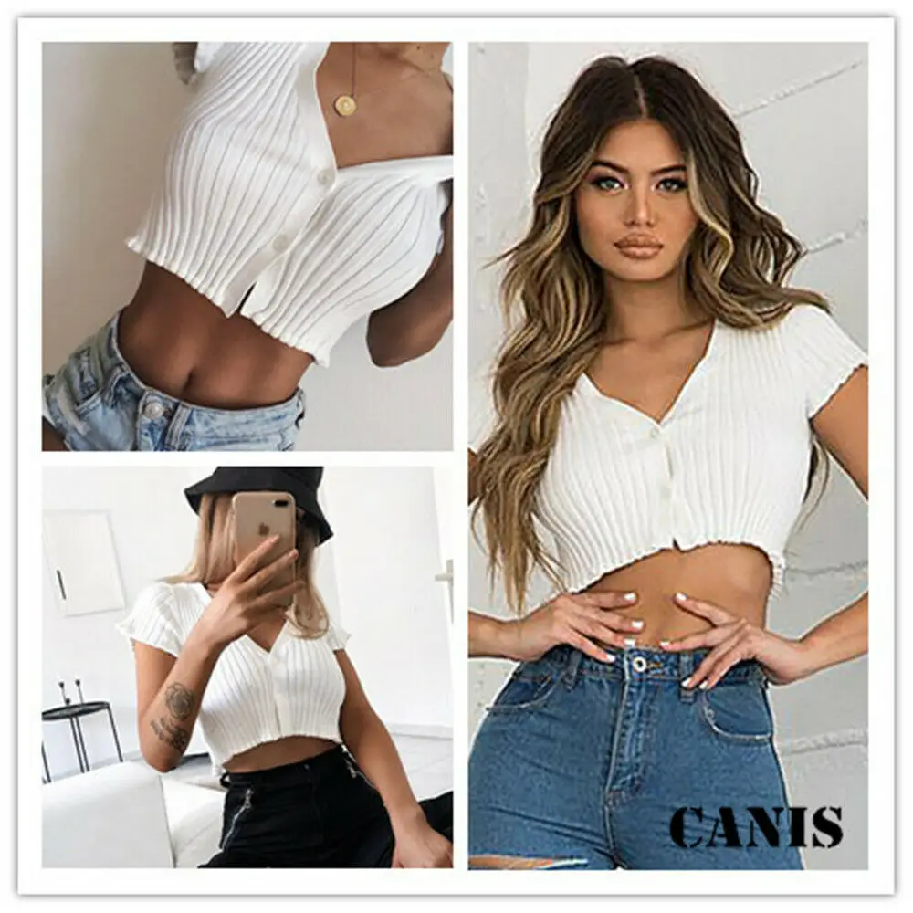 Women V-neck Short Sleeve Button Tank Tops Summer Ladies Sexy Knitted Crop Tops Casual White Tank Tops mujer cropped feminino goplus summer knitted crop top women casual sexy v neck shoulderless sleeveless tank tops femme woman clothes ropa mujer