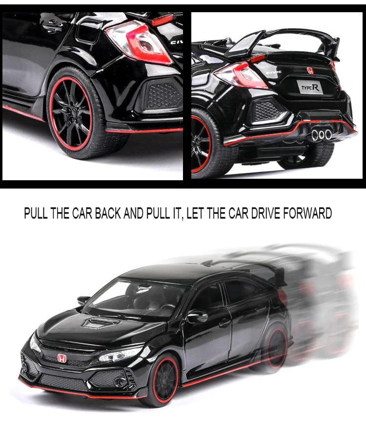 1:32 HONDA CIVIC TYPE-R литые под давлением и игрушечные транспортные средства металлическая модель автомобиля звуковой светильник коллекция автомобилей игрушки для детей Рождественский подарок
