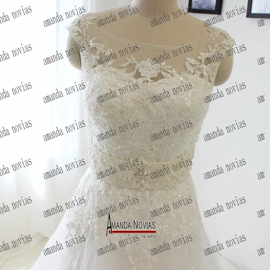 Аманда Novias Кепки рукавом-line Кружево Аппликация Кристалл Пояс кушак свадебное платье