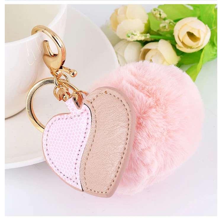 Fur Ball Key Chain Rings Pendant Cute Pompom Heart Shape Keychain Women Car Bag Ring | Chains