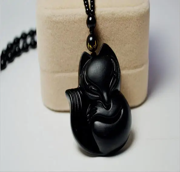 Черная подвеска Амулет из обсидиана с резьбой в виде лисы цепочка унисекс