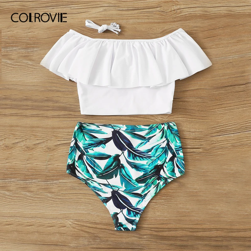 COLROVIE Off the Shoulder Flounce Bardot Top and Random Leaf Print Swimwear Women Bikini Set Swimsuit Boho Bathing Suit