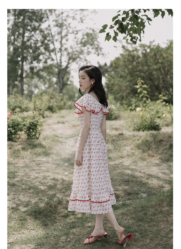 

French Romantic Vintage Ladies Dress Floral Print Women Summer Midi Dress Vestidos Robe Femme