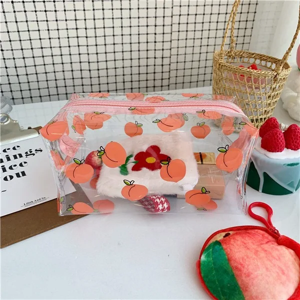 Peach Прозрачная косметичка, органайзер для путешествий, макияж, Прозрачная молния, персик, авокадо, страберри, ПВХ, красивая модная женская сумочка - Цвет: Peach