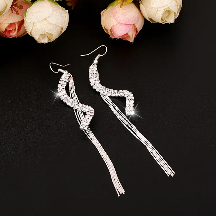 Женщины S Формы Strand Серьги Кристалл Rhinestone Кисточкой Винтаж Свадьбу Серебряные