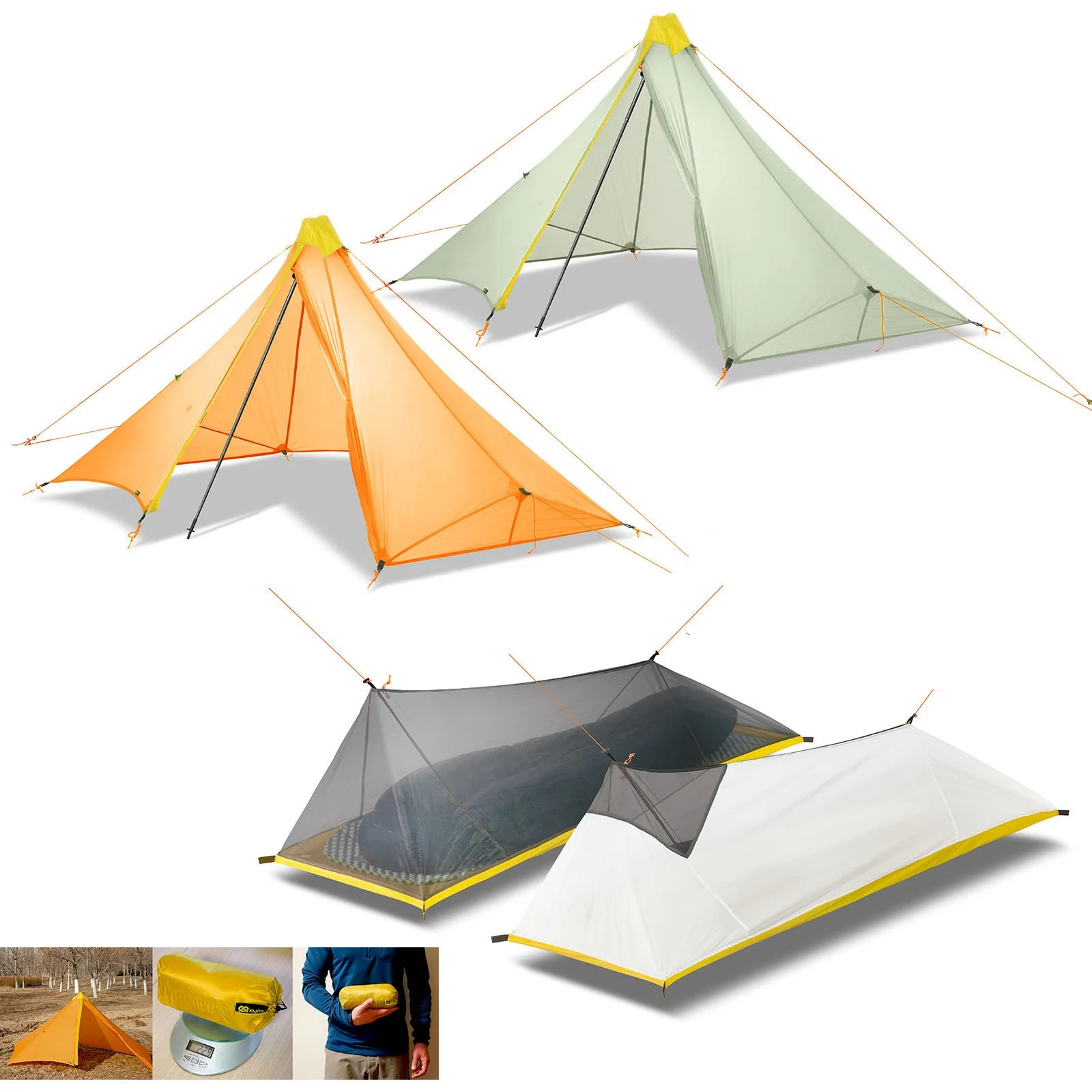 

1 Person 3/4 Season Ultralight 20D Nylon Both-side Silicon Coated Rodless Pyramid 410G Flysheet& Summer 230-260g Mesh Inner Tent