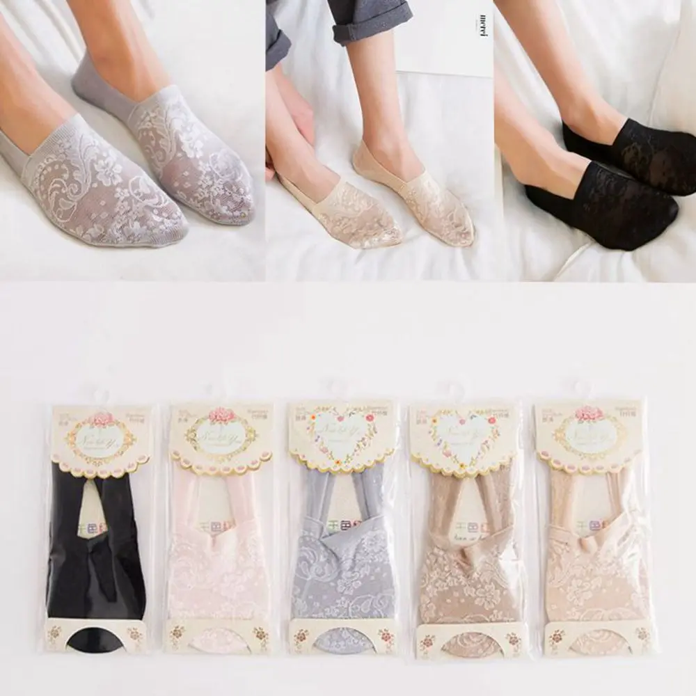 Низкие прозрачные носки с вырезами на щиколотке; сезон весна-лето; стильные короткие носки-башмачки с кружевными цветами для женщин и девочек; носки Противоскользящие тапочки