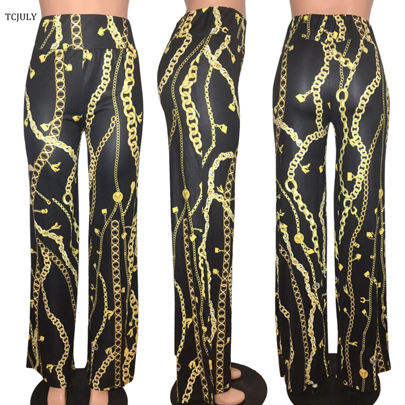 TCJULY модные широкие брюки с принтом золотых цепей высокой талией тонкие женские