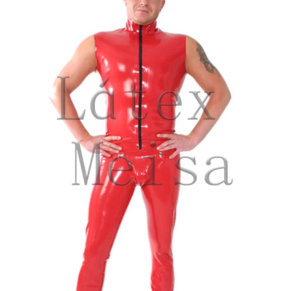 Men's latex sleeveless tops with zip and leggings with codpiece & penis open holes clothings set in red color