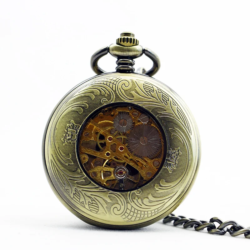 Antique Vintage Train Carving Steampunk Manual Mechanical Pocket Watch Vintage Gentleman Style Necklace Pendant Accessory Gift