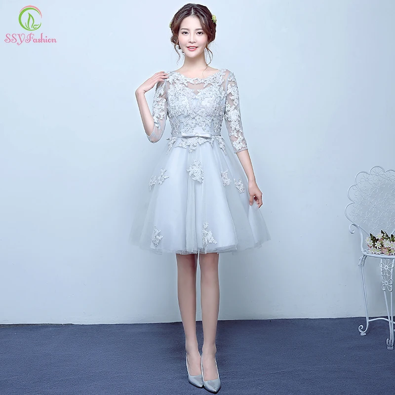 Новая Мода Серый Кружева Цветок 3/4 Рукава Линии Короткие Вечерние платье Невесты