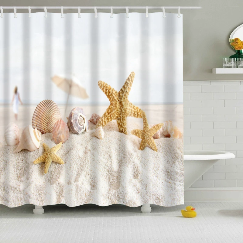 

New Colorful Eco-friendly Beach Conch Starfish Shell Polyester High Quality Washable Bath Decor Shower Curtains Santa Claus