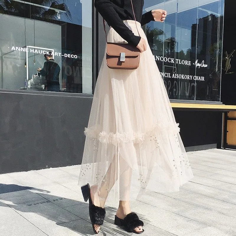 Газовые юбки 2019 последняя весна и лето бисерная трапециевидная юбка с длинным