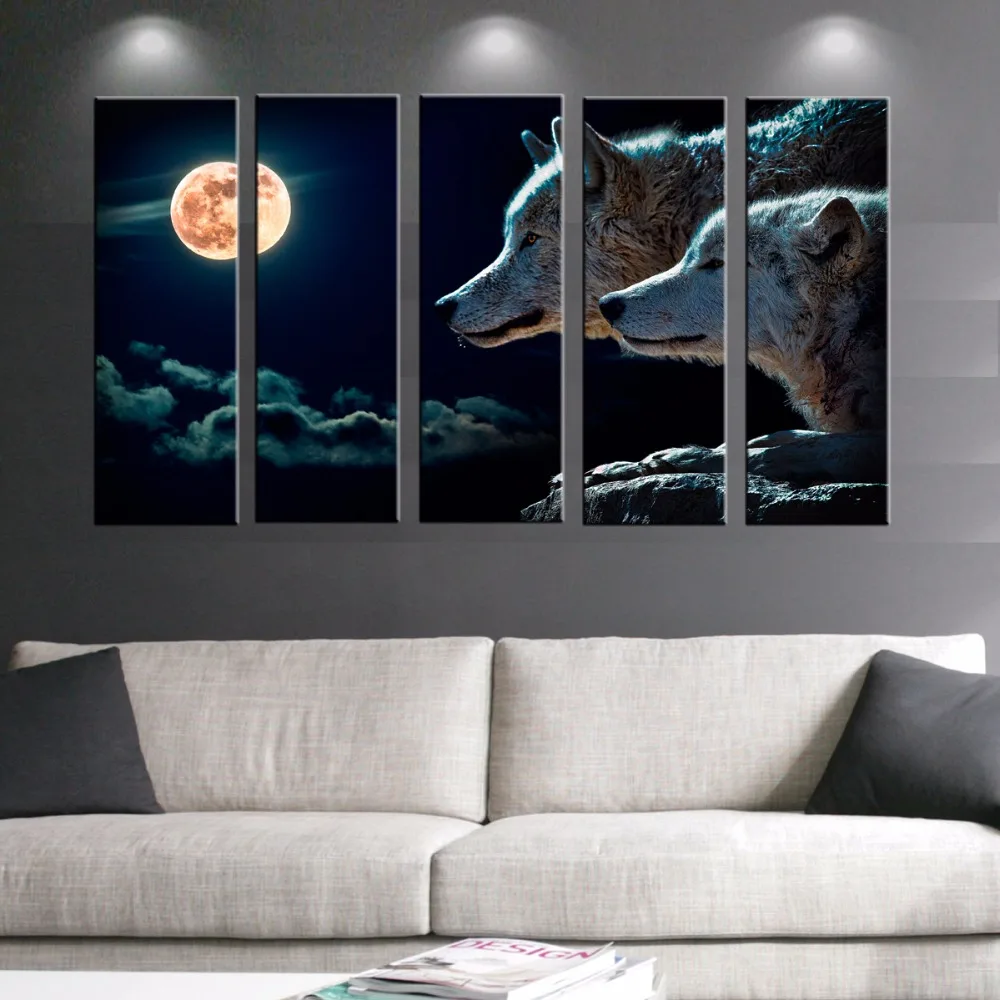 Настенная картина с волком и луной 5 панелей|decoration for living room|canvas wall artcanvas |