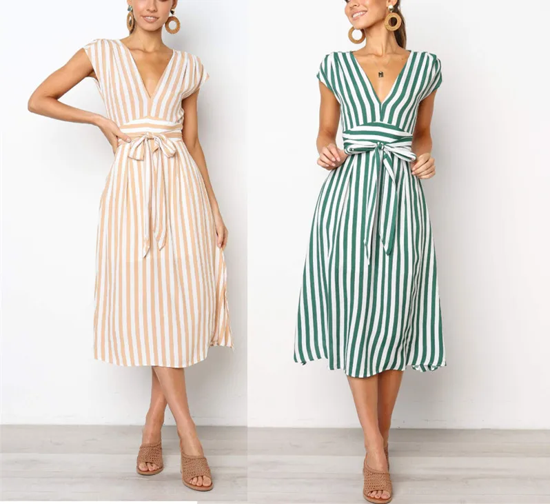 Женское платье рубашка в полоску с коротким рукавом и высокой талией Элегантное